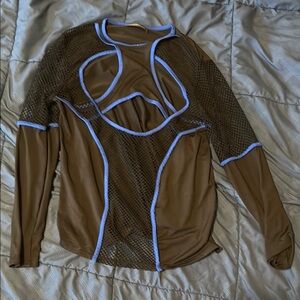 Stylish Brown Mesh Top with Blue Accents